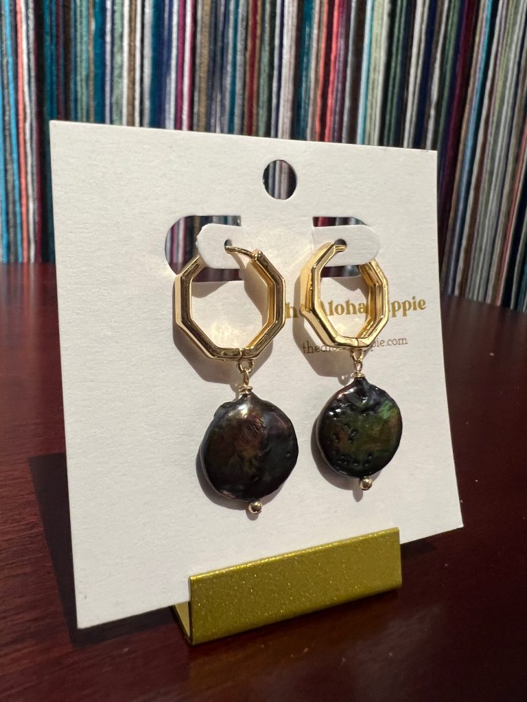 Golden hive huggie earrings (fresh water moon pearls) by Aloha Hippie