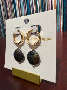 Golden hive huggie earrings (fresh water moon pearls), photo 3