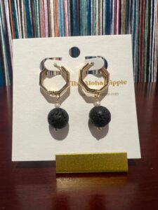 Golden hive huggie earrings (ele’ele lava rock + pearls), photo 2